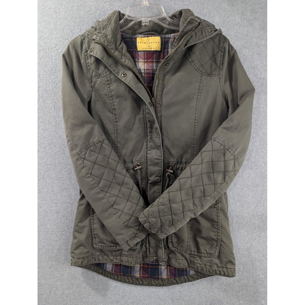 Prince & Fox Jacket Womens Small Green Hooded Quilted Plaid Lined Utility Coat